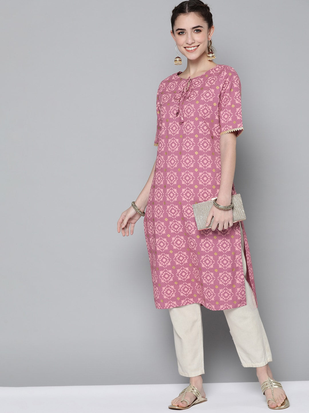 HERE&NOW Women Pink Geometric Printed Kurta - Swadesiicart
