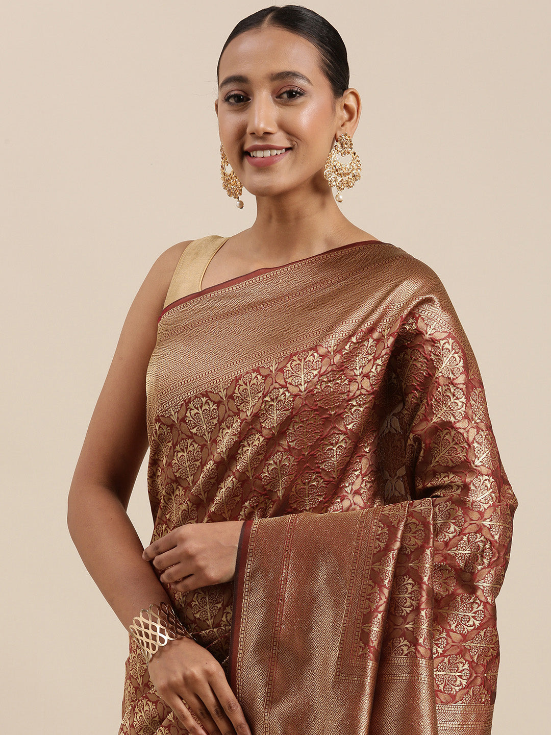 Kalini Maroon & Golden Ethnic Motifs Woven Design Banarasi Saree | Swadesiicart
