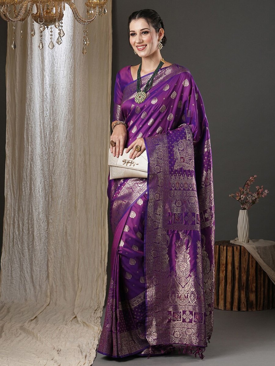 Anouk Purple & Gold-Toned Ethnic Motifs Woven Design Zari Banarasi Saree | Swadesiicart