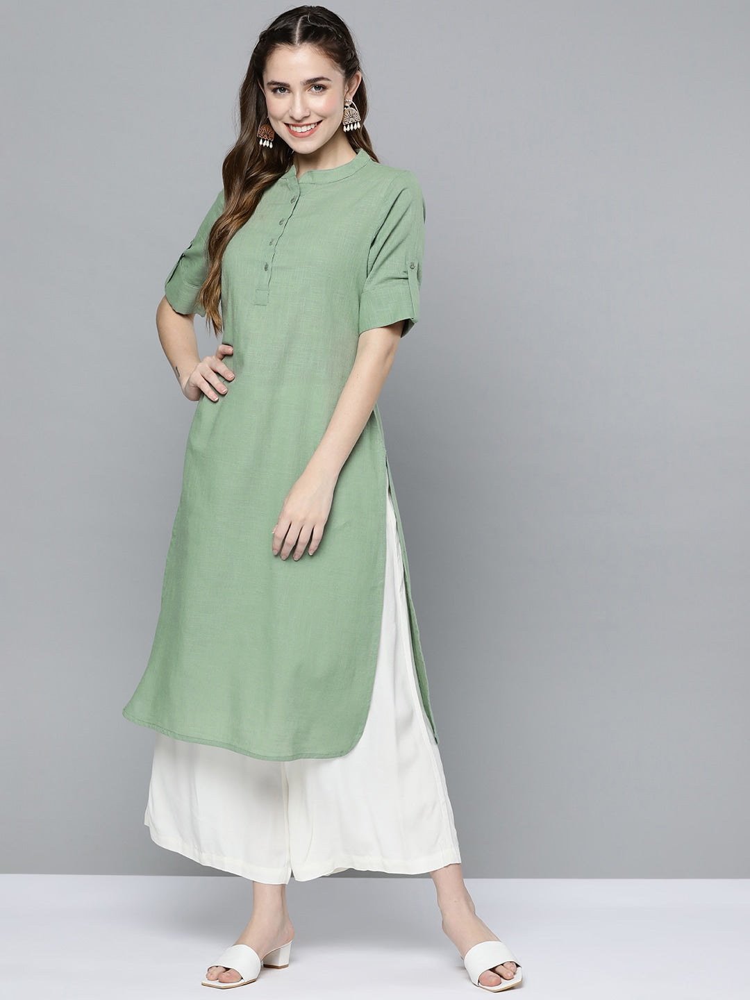 HERE&NOW Women Mint Green Pakistani Style Kurta - Swadesiicart