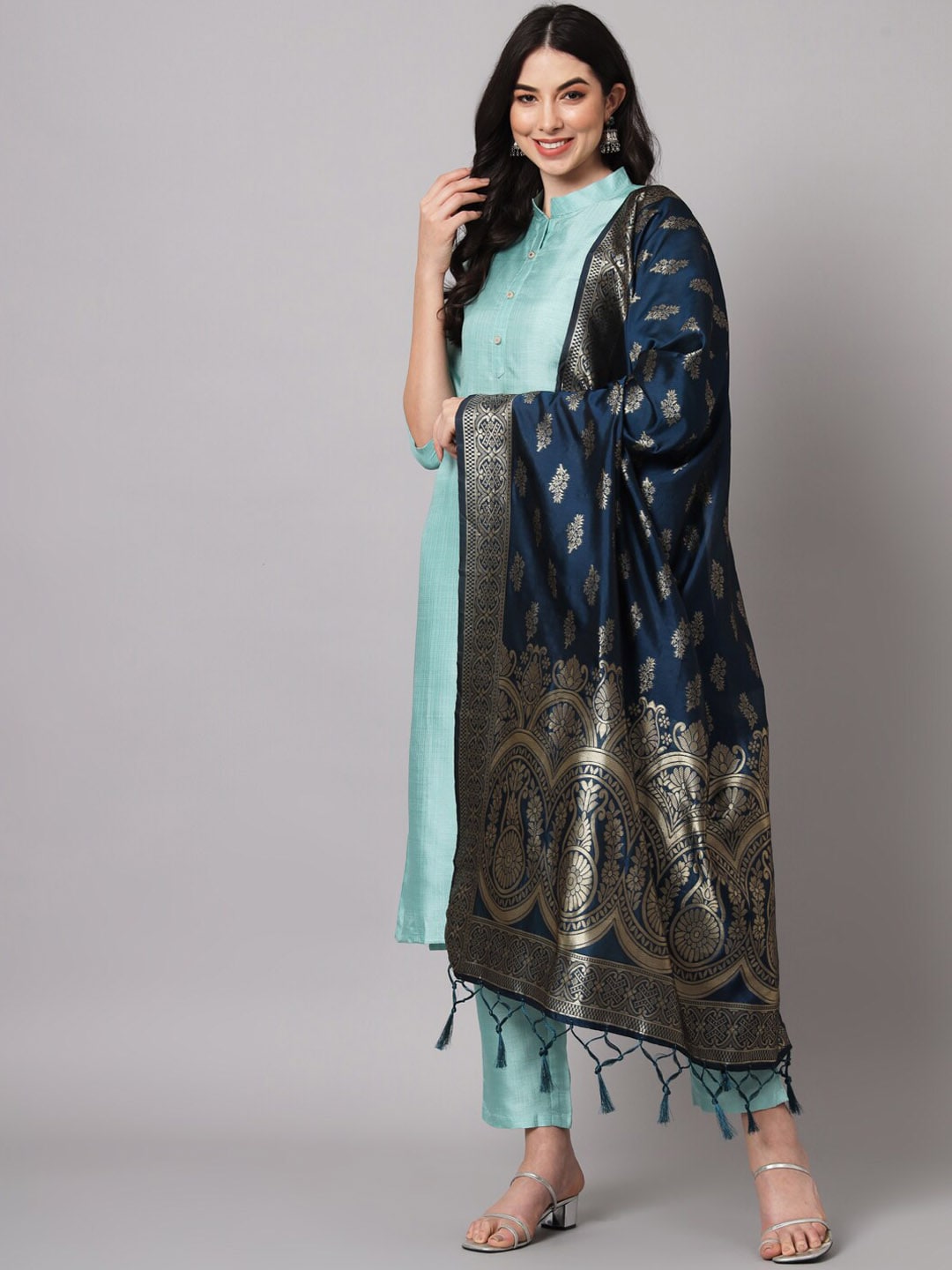 Kalini Cotton Silk Blend Kurta with Trousers & Banarasi Silk Dupatta | Swadesiicart