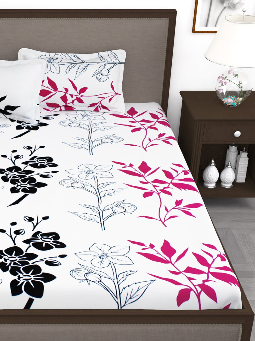 Story@home White & Pink Floral King Bedsheet with 2 Pillow Covers - Swadesiicart