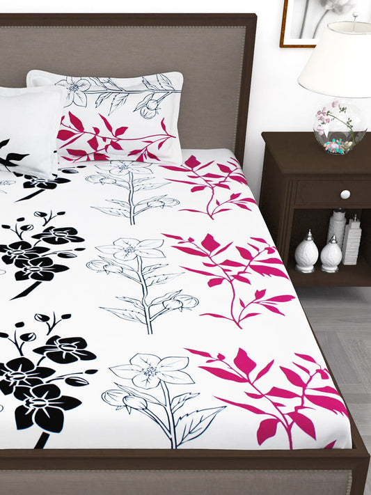 Story@home White & Pink Floral King Bedsheet with 2 Pillow Covers - Swadesiicart