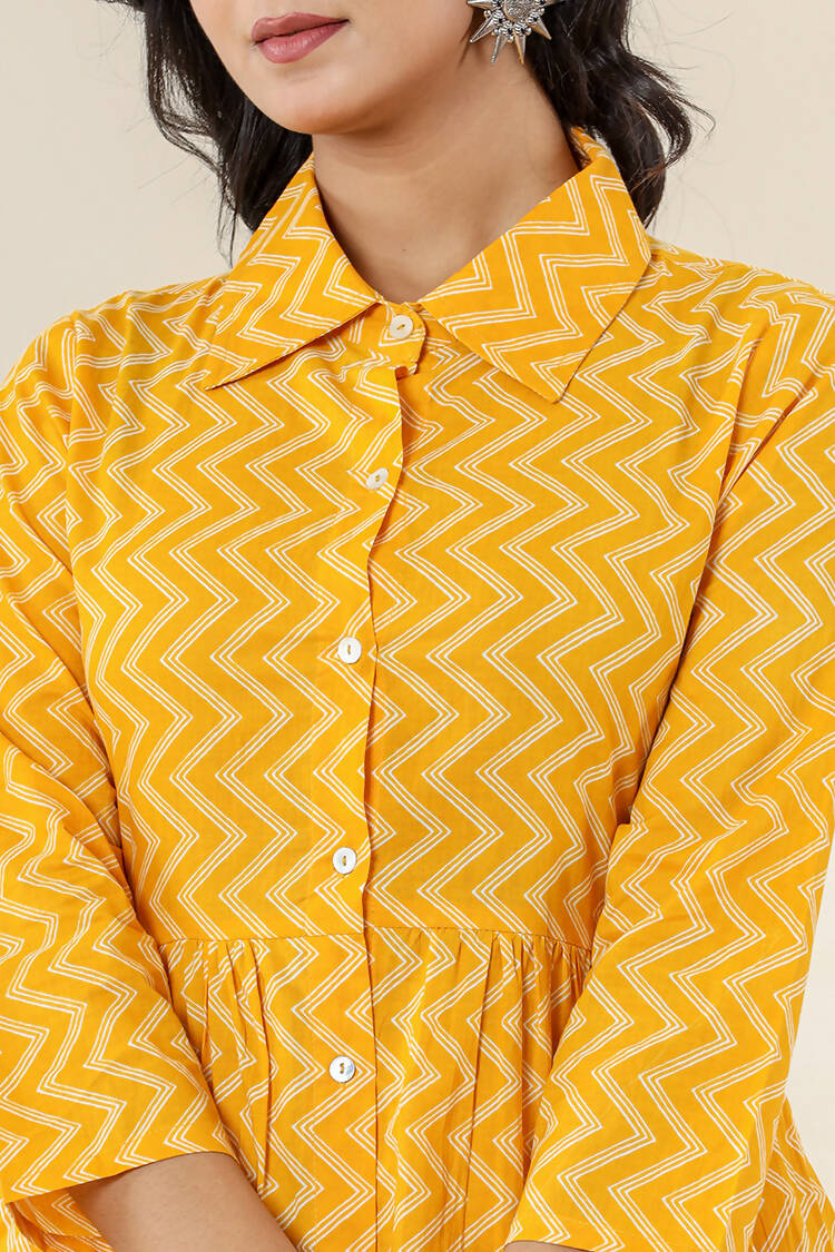 Kaajh Women's Yellow Zigzag Print Cotton Co-ord Set - Swadesiicart