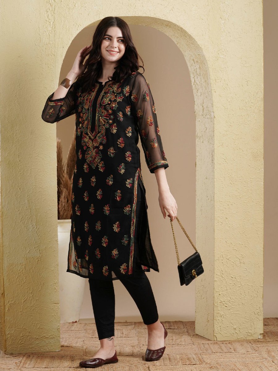 ADA Women Black Embroidered Regular Chikankari Kurta with Trousers | Swadesiicart
