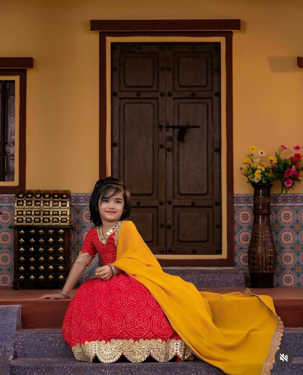 Jyoti Fashion Beautiful Red Faux Georgette Digital Printed with Sequins Embroidered Kids Lehenga Choli Set | Swadesiicart