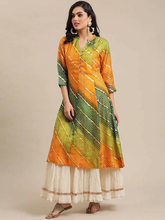 Indian Clothing Varanga Mustard Yellow & Green Bandhani Dyed Anarkali Kurta - Swadesiicart