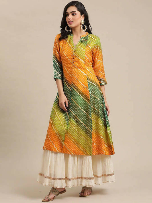 Indian Clothing Varanga Mustard Yellow & Green Bandhani Dyed Anarkali Kurta - Swadesiicart