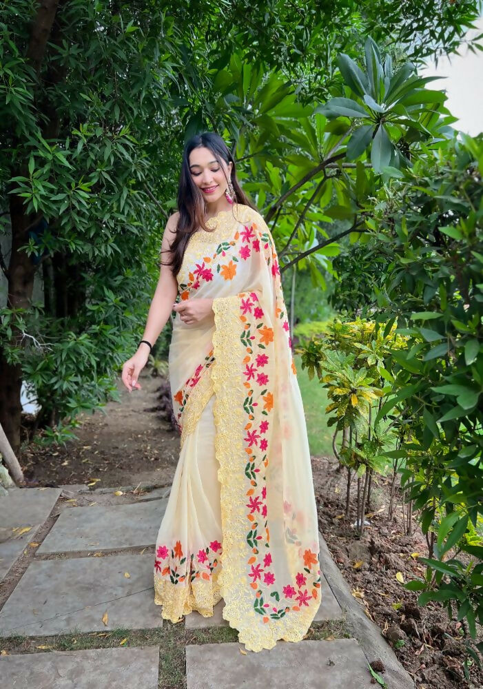 Vamsee Jimmy Yellow Georgette Saree - Swadesiicart