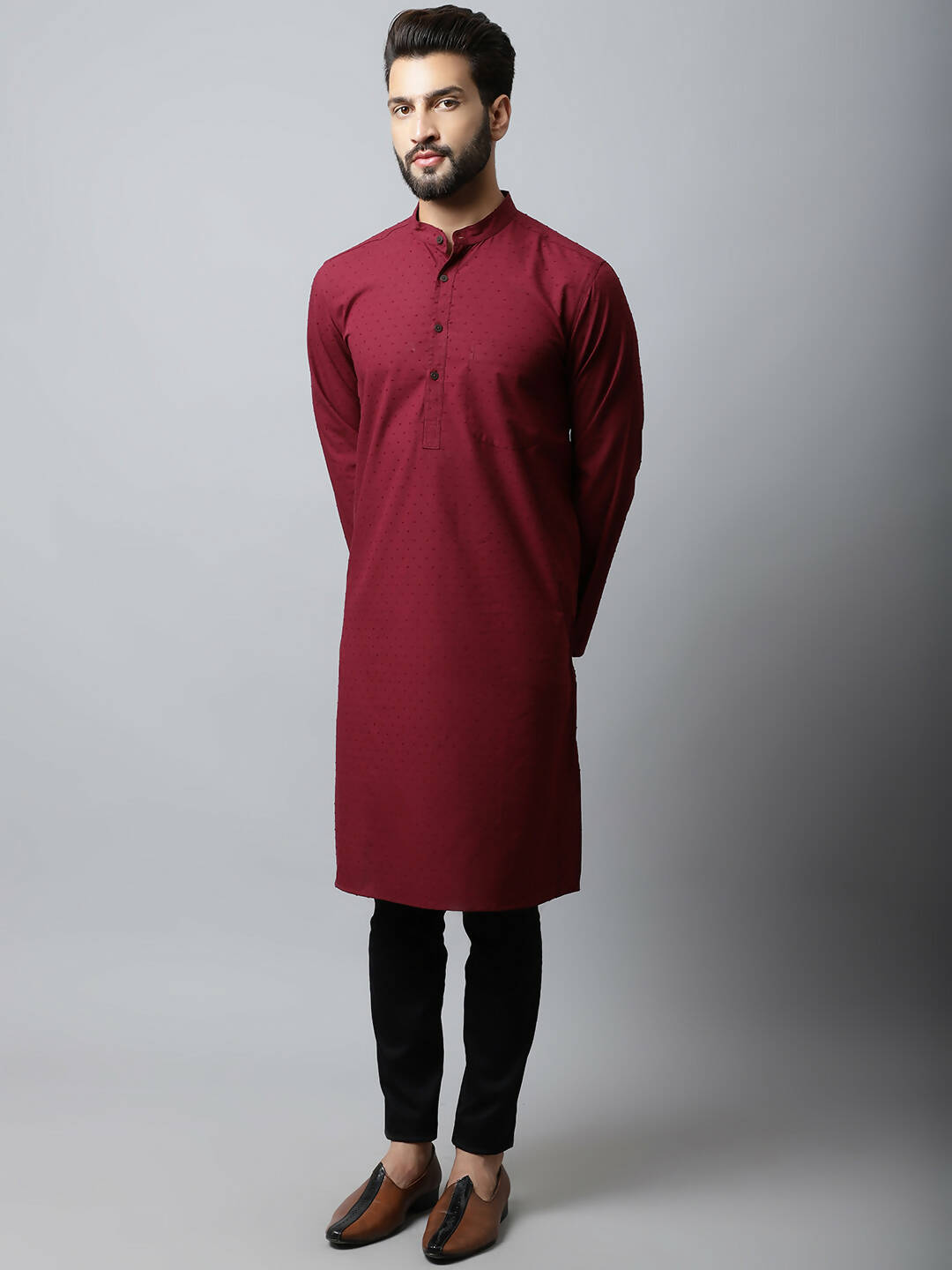 Even Apparels Maroon Color Linen Pure Cotton Men's Kurta With Side Placket (SLD1182) | Swadesiicart