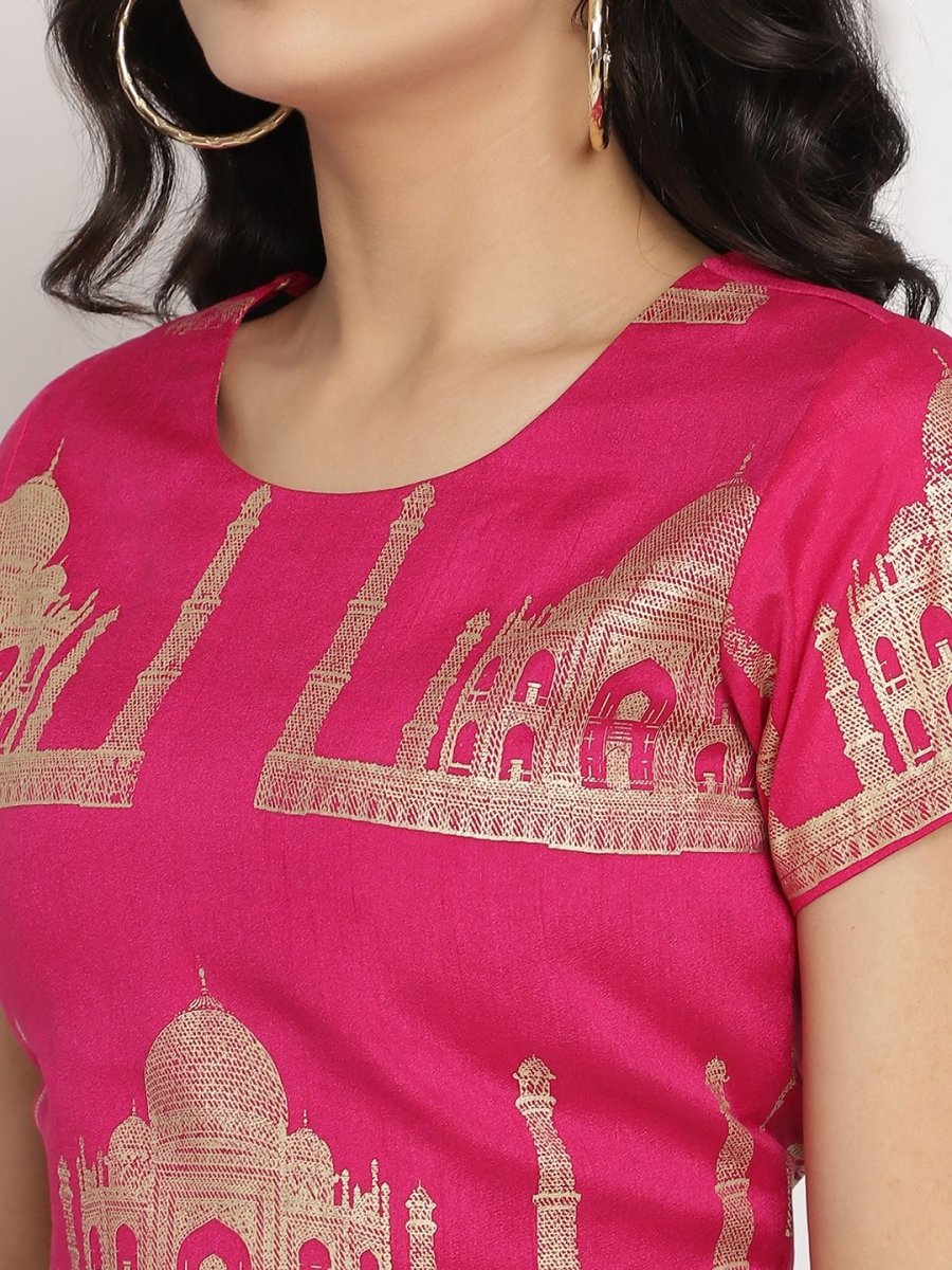 Ahalyaa Women's Pink Poly Silk Gold Foil Print Top With Skirt | Swadesiicart