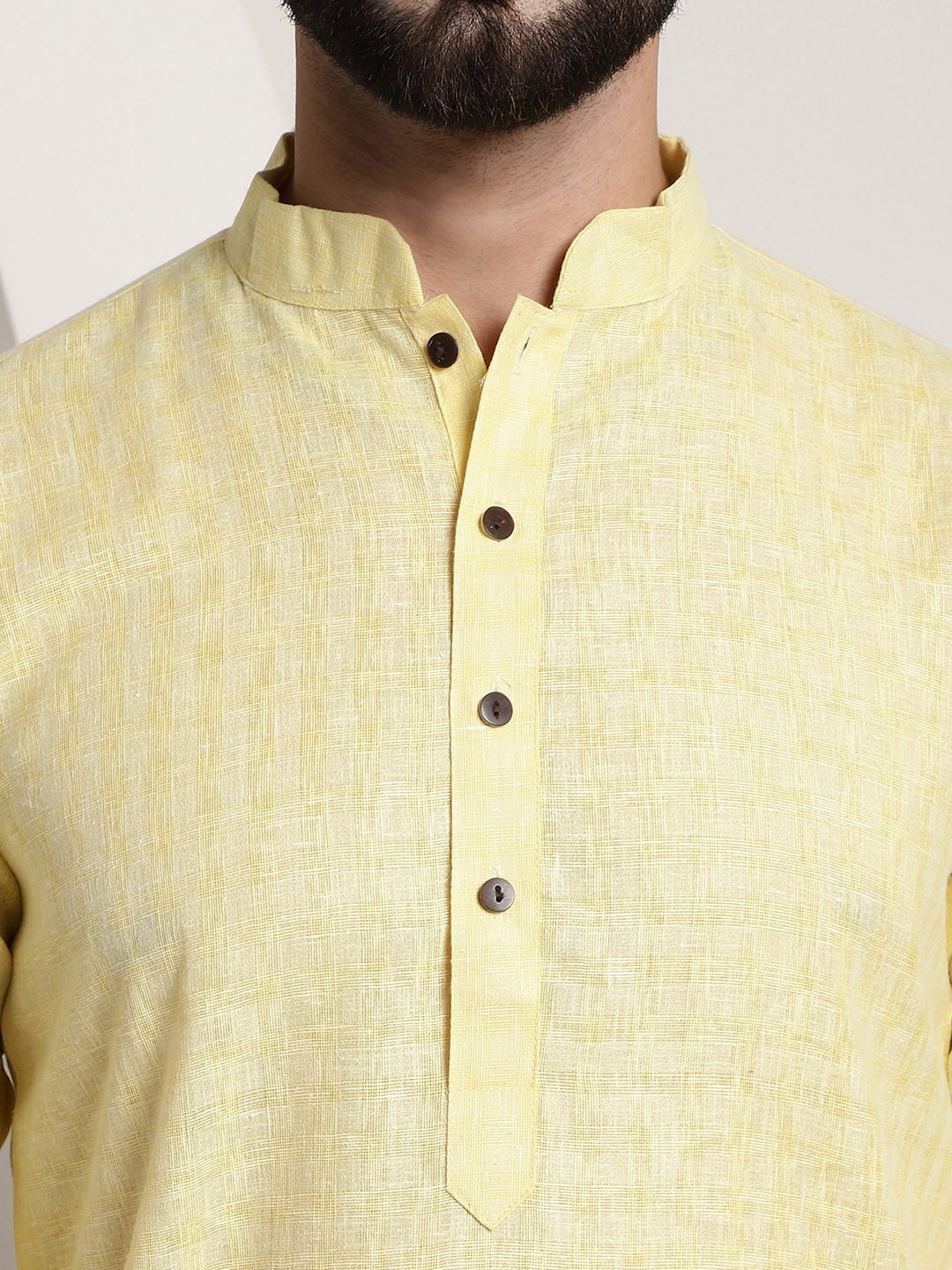 Sojanya Men Yellow Dobby Self-Checked Straight Kurta | Swadesiicart