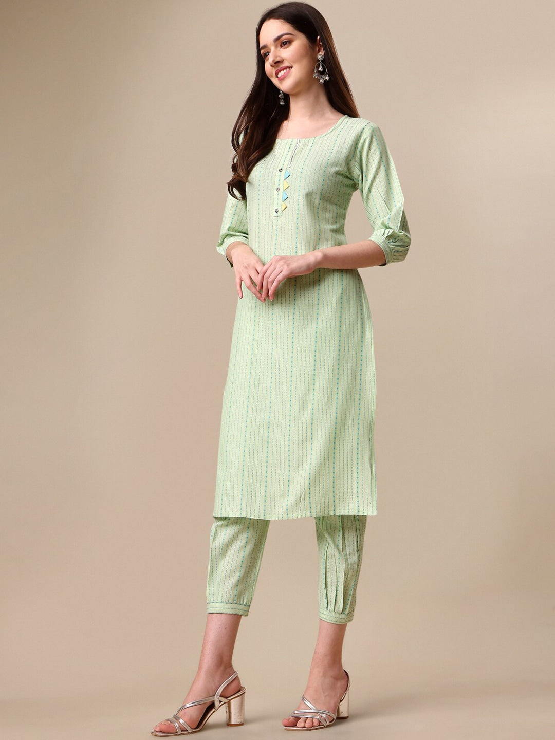 Kalini Women Woven Striped Thread Work Kurta with Trousers - Swadesiicart