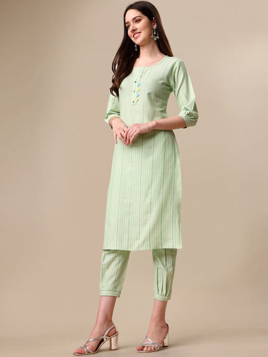 Kalini Women Woven Striped Thread Work Kurta with Trousers - Swadesiicart