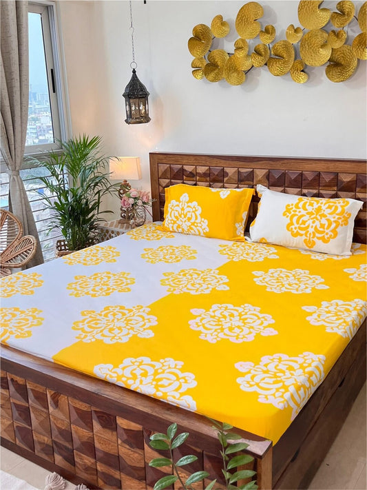 URBAN SPACE Divine White Ethnic Motifs 144 TC Cotton Queen Bedsheet & 2 Pillow Covers - Swadesiicart