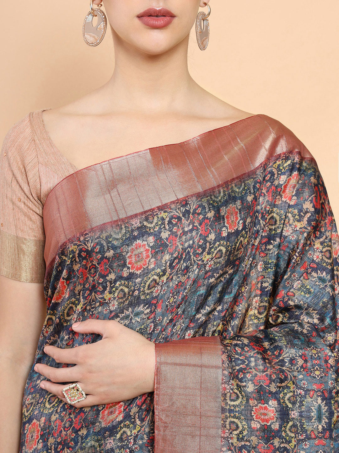 Soch Blue & Pink Floral Zari Silk Blend Ready to Wear Saree | Swadesiicart
