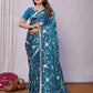Blue Pure Satin Embroidered Saree With Stitched Blouse - Nimaya Kaksha