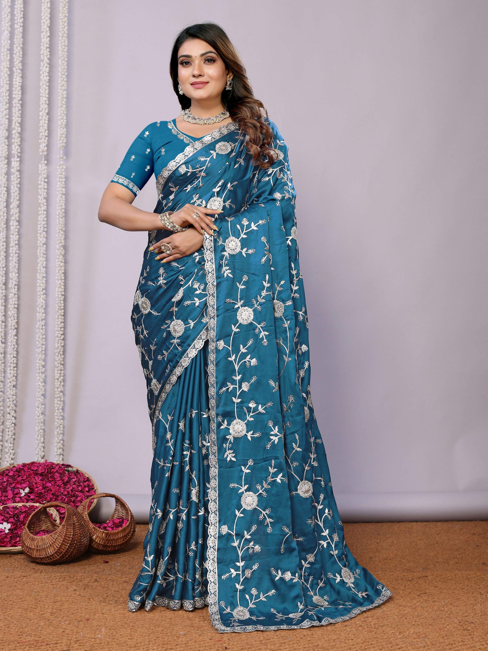 Blue Pure Satin Embroidered Saree With Stitched Blouse - Nimaya Kaksha