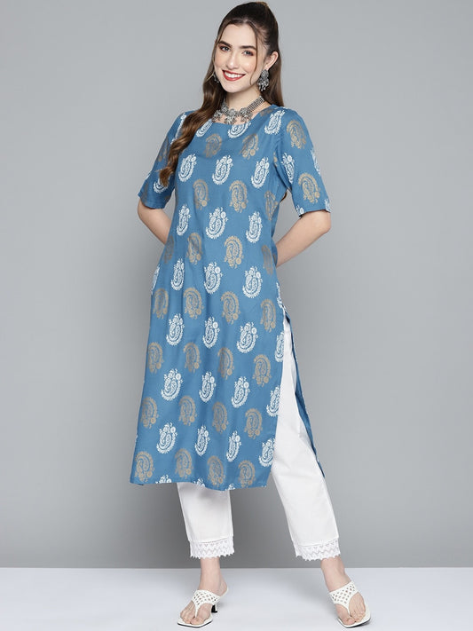HERE&NOW Women Blue & Golden Paisley Printed Straight Kurta - Swadesiicart