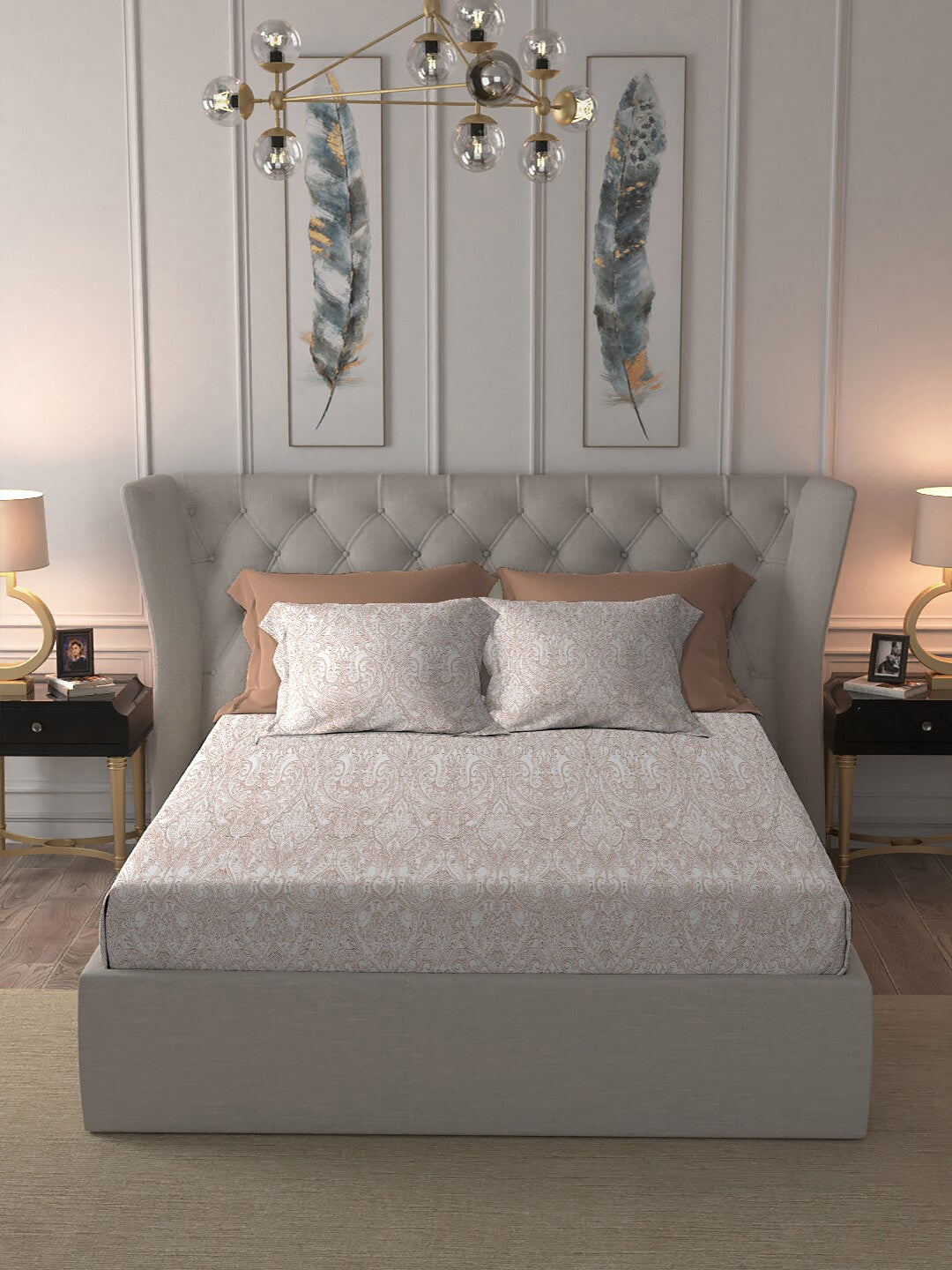 MYTRIDENT Nectarsoft Orange White Pure Cotton 400 TC King Bedsheet with 4 Pillow Covers - Swadesiicart