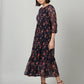 Souchii Women Navy Blue & Red Floral Chiffon A-Line Tiered Dress - Swadesiicart