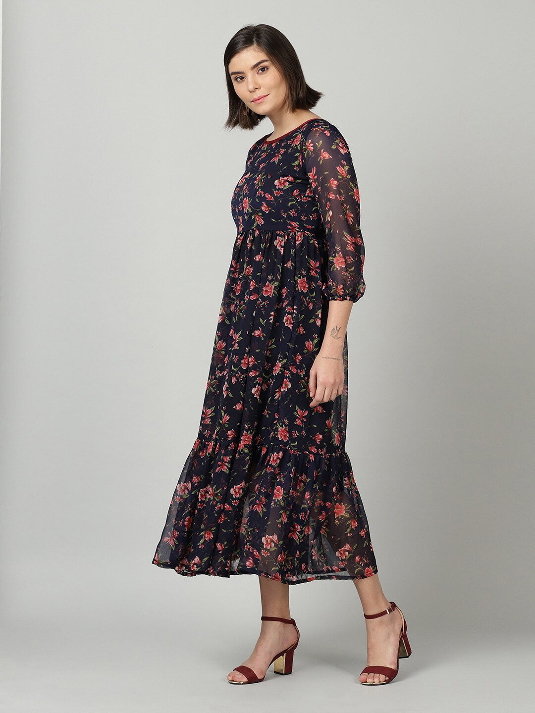 Souchii Women Navy Blue & Red Floral Chiffon A-Line Tiered Dress - Swadesiicart