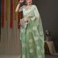 Saree Mall Olive Green & White Paisley Embroidered Organza Banarasi Sarees | Swadesiicart