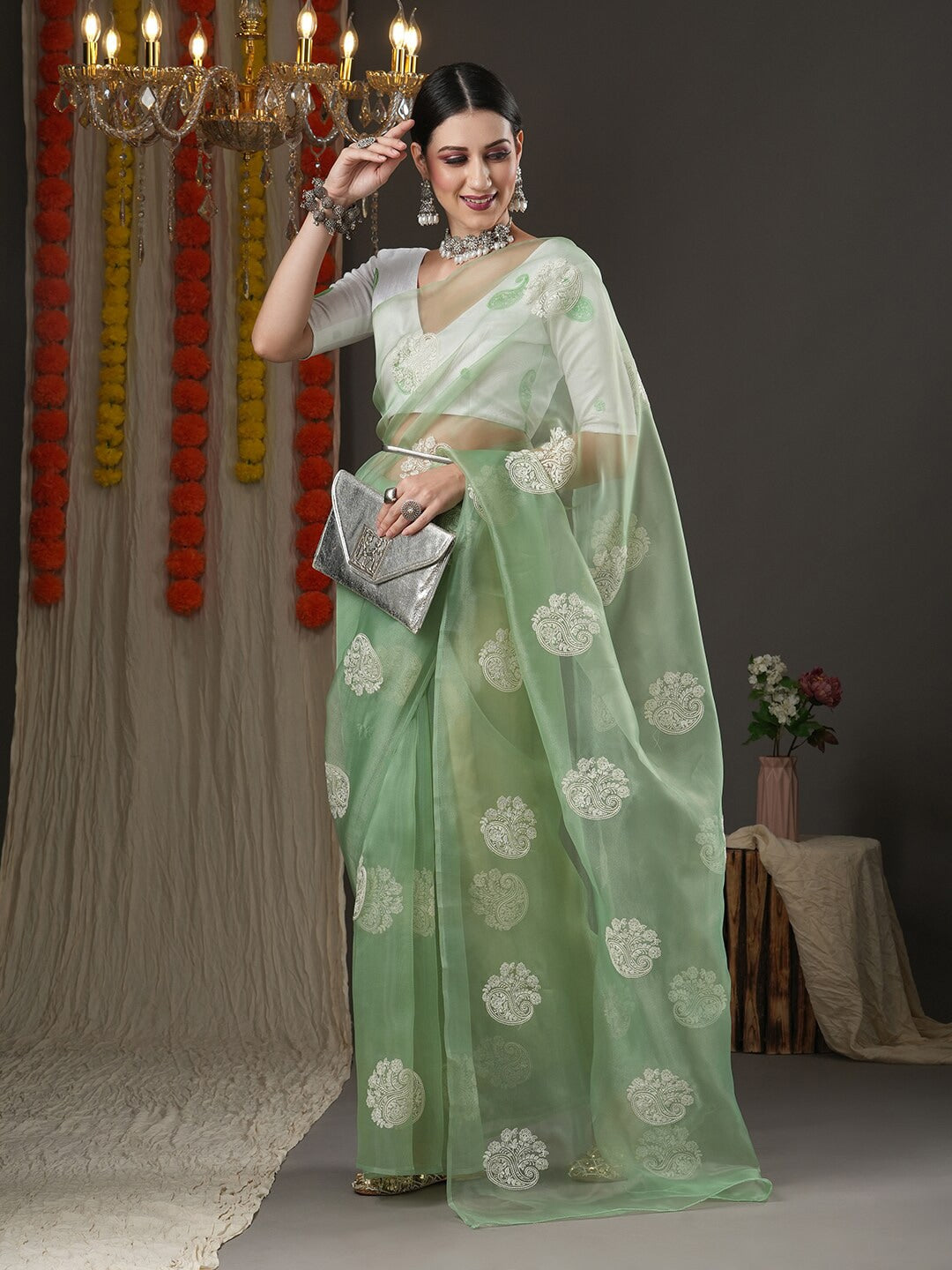 Saree Mall Olive Green & White Paisley Embroidered Organza Banarasi Sarees | Swadesiicart