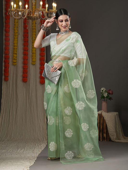 Saree Mall Olive Green & White Paisley Embroidered Organza Banarasi Sarees | Swadesiicart