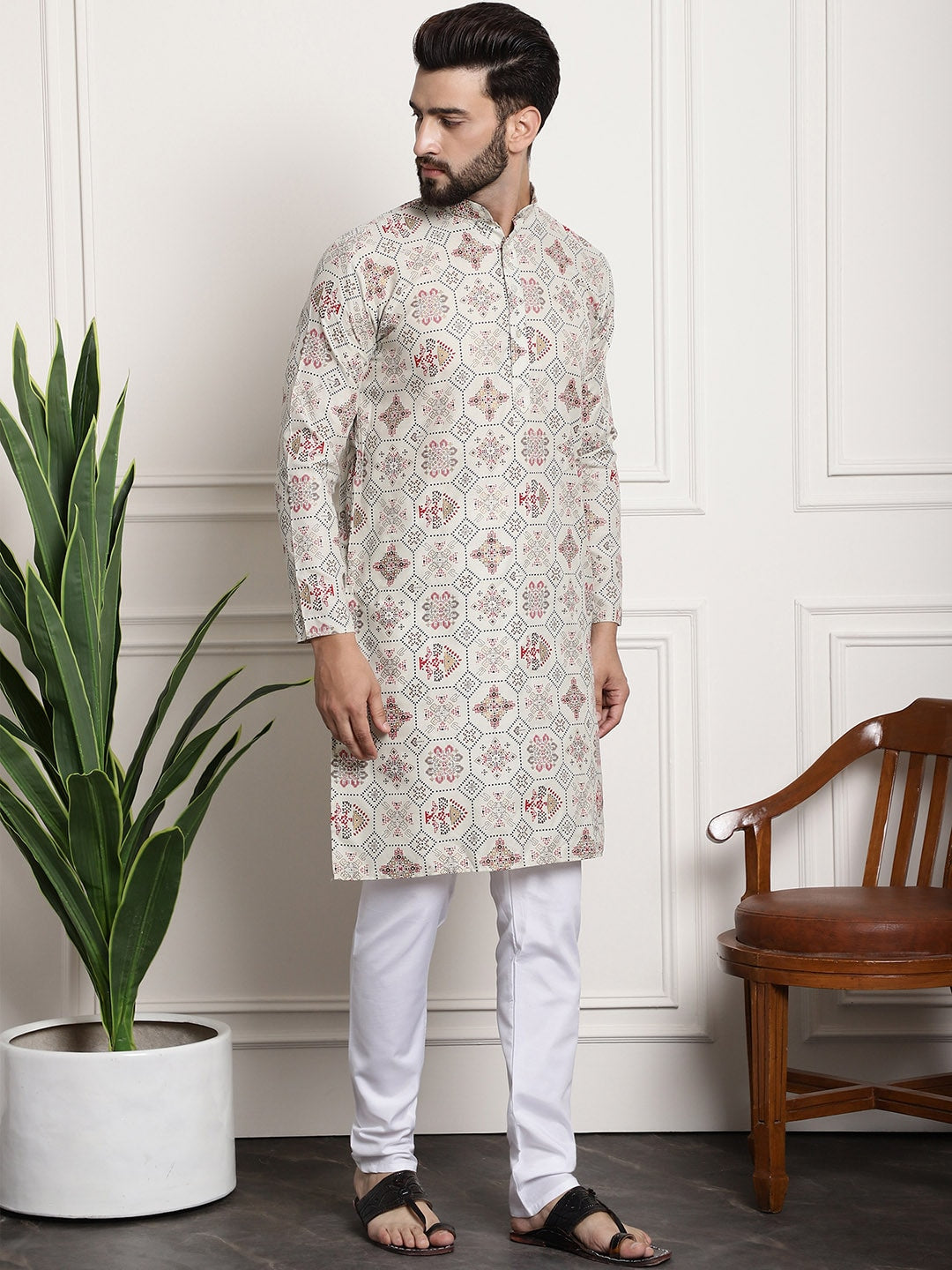 Sojanya Men Beige Printed Cotton Linen Kurta with Churidar | Swadesiicart
