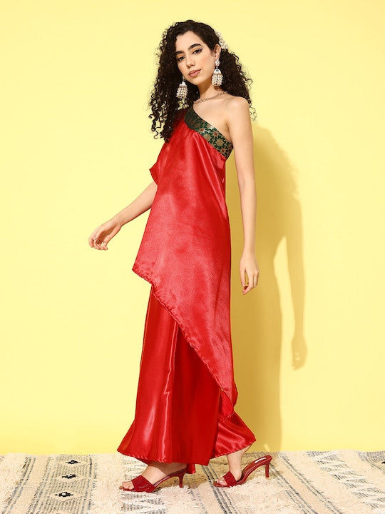 InWeave Women's Red Green Brocade Satin Oneshoulder Kurta Set - Swadesiicart