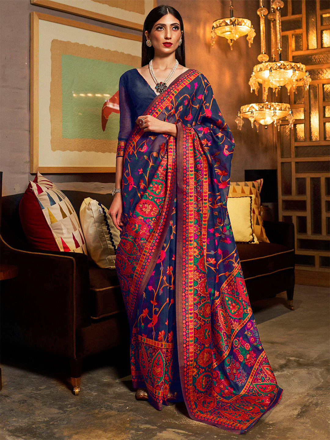 Mitera Navy Blue & Red Woven Design Silk Blend Banarasi Saree | Swadesiicart