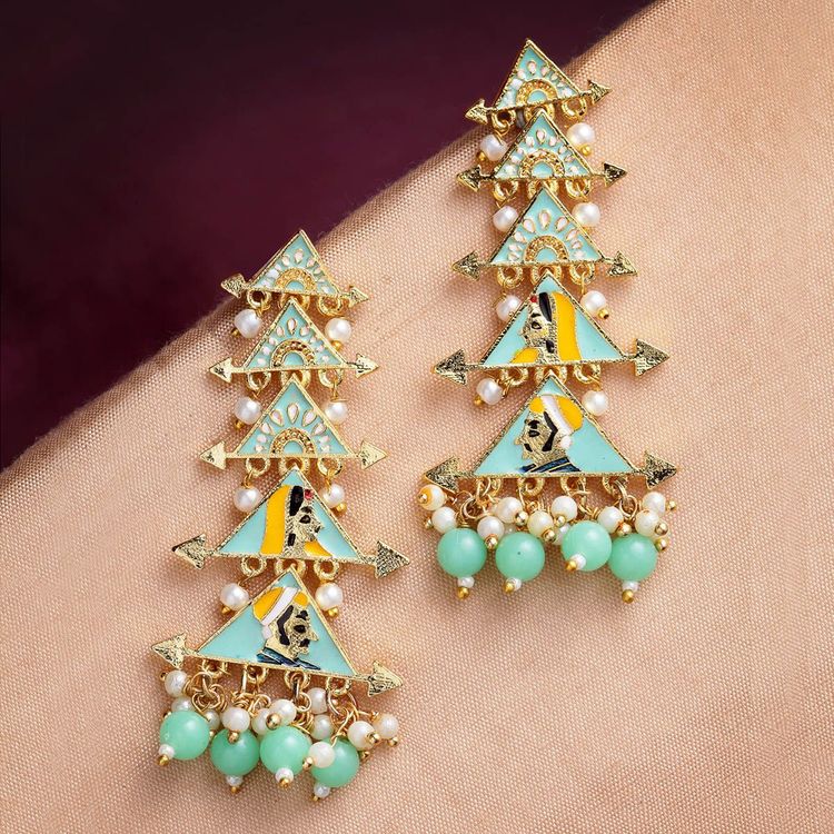 New Partywear Light Green Raja Rani Meenakari Drop Earrings for Womens by House of Ree | Swadesiicart