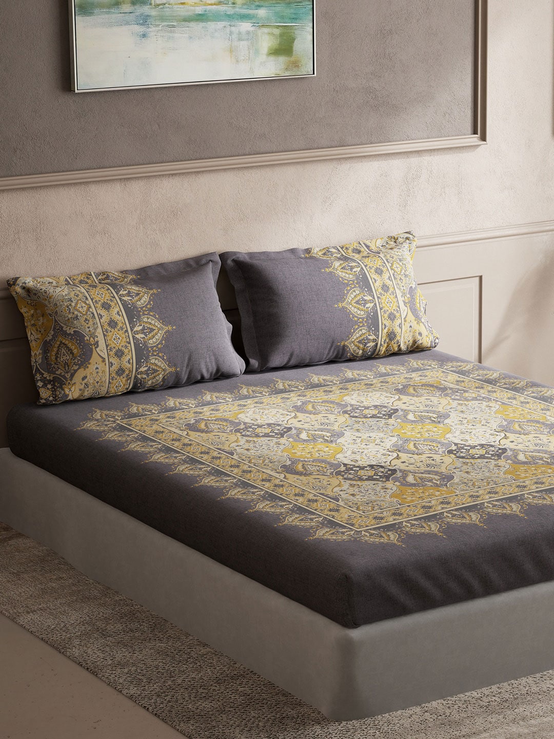 DDecor Grey & Yellow Ethnic Motifs Cotton 140 TC King Bedsheet With 2 Pillow Covers - Swadesiicart