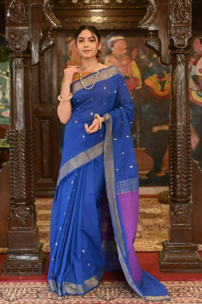 Very Much Indian Handloom Pure Cotton Paithani Swan Pallu-Marine Blue | Swadesiicart