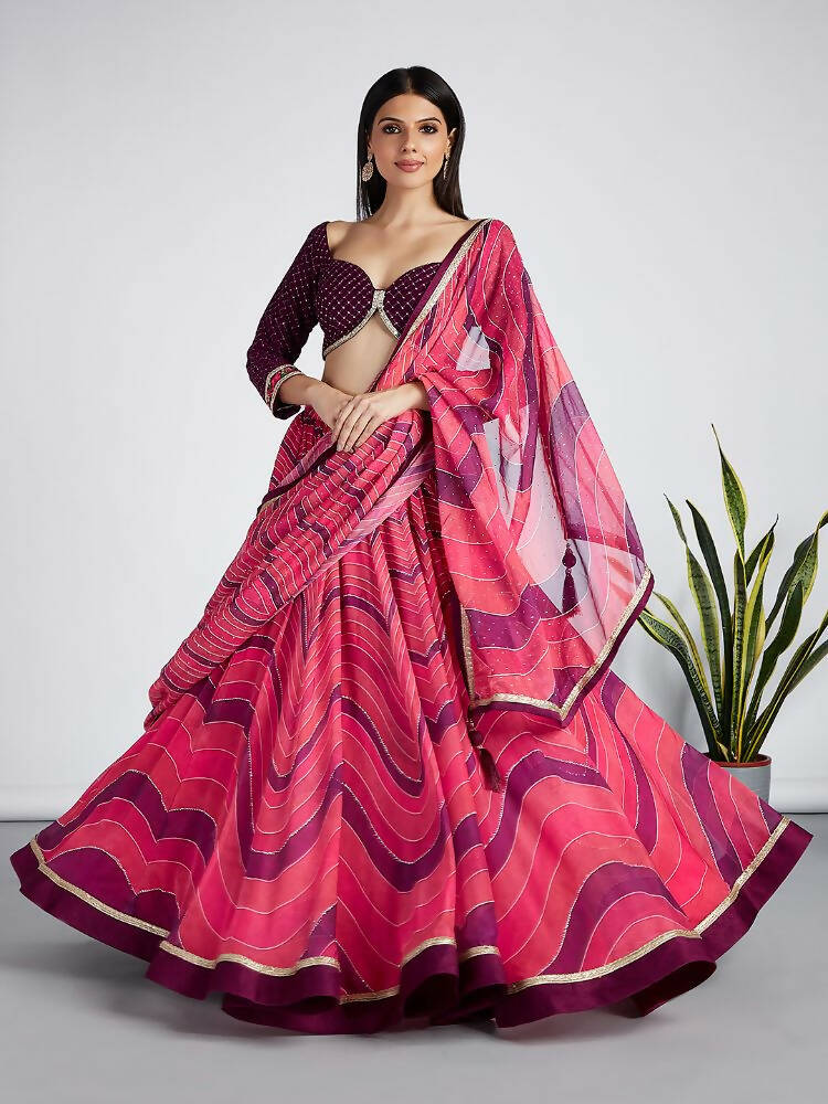 House of Panchhi Rose Organza Siroski Stone Work Leheriya Print Lehenga Choli & Dupatta | Swadesiicart