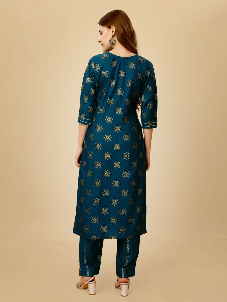 Jyoti Fashion Women's Navy Blue Viscose Rayon Embroidered Kurta Pant Set | Swadesiicart