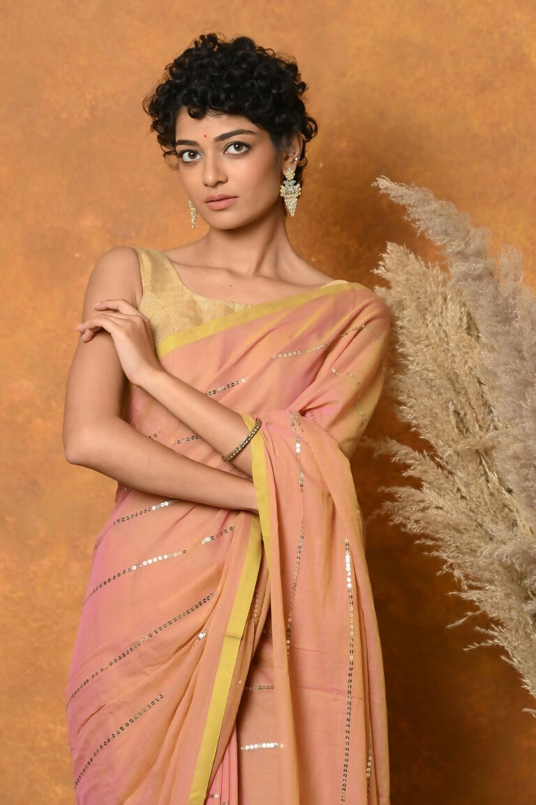 Very Much Indian Designer Mul Cotton Handloom Saree with Sequins - Peach | Swadesiicart
