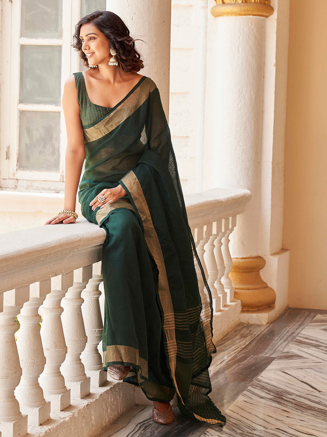 Tikhi Imli Green & Gold-Toned Polycotton Zari Ready to Wear Saree | Swadesiicart
