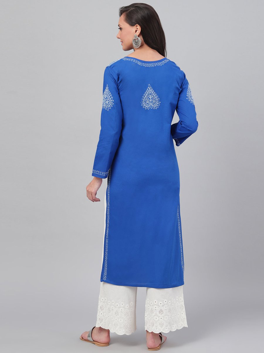 ADA Women Blue & White Chikankari Hand-Embroidered Straight Sustainable Handloom Kurta | Swadesiicart