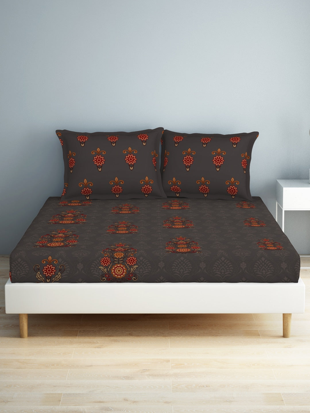 SPACES Aurum Grey Ethnic Motifs Pure Cotton 140 TC Queen Bedsheet with 2 Pillow Covers - Swadesiicart