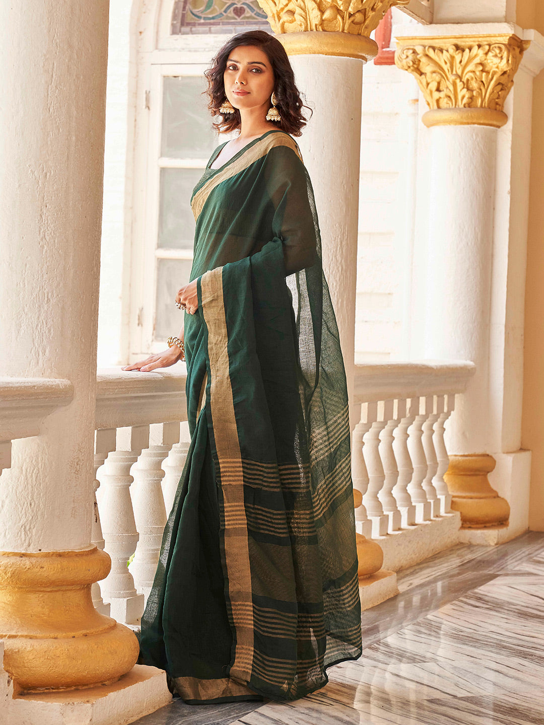 Tikhi Imli Green & Gold-Toned Polycotton Zari Ready to Wear Saree | Swadesiicart