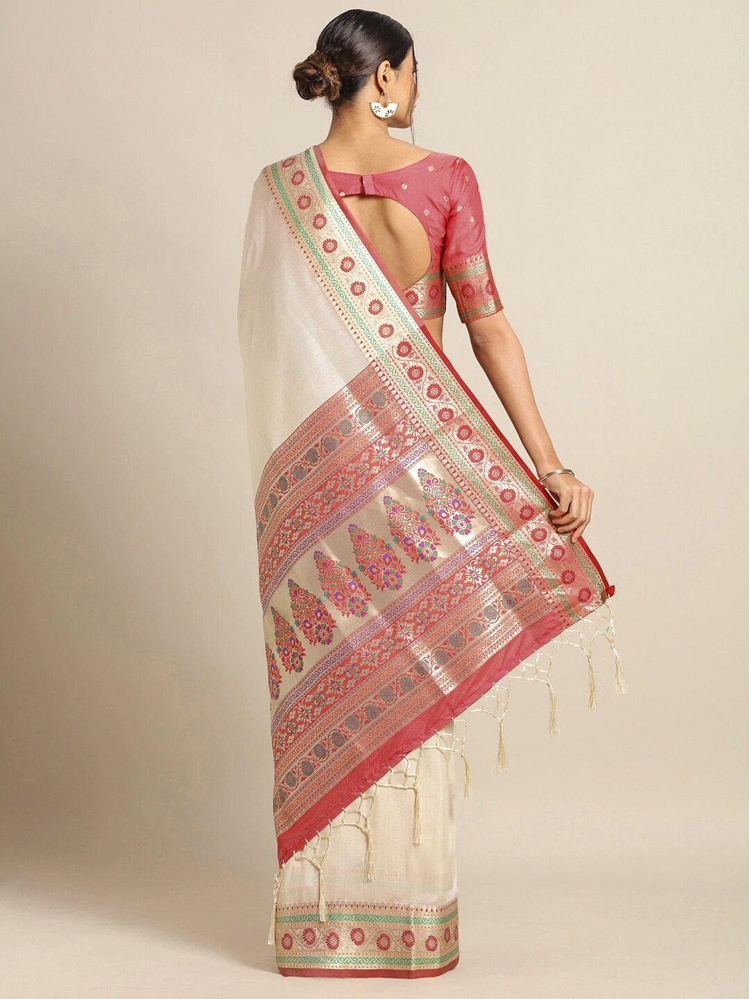 Saree Mall Cream Silk Blend Banarasi Sarees | Swadesiicart