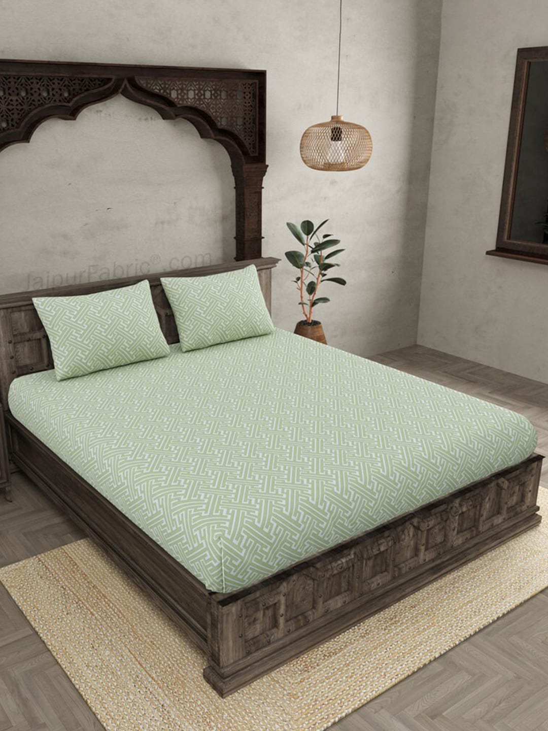 JAIPUR FABRIC Green & White Ethnic Motifs 250 TC Cotton King Bedsheet with 2 Pillow Covers | Swadesiicart