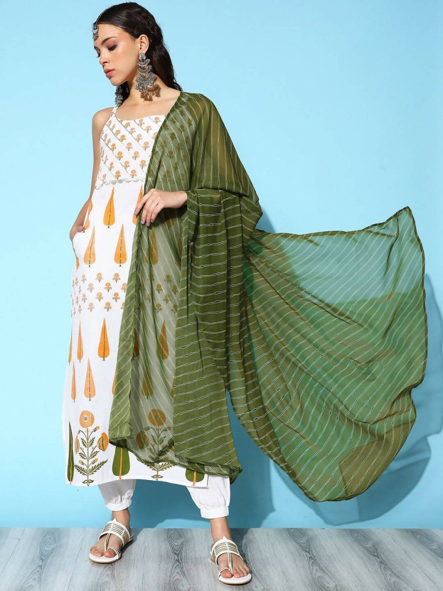 Ahalyaa Women's White Colour Pure Cotton Pigment Printed Kurta Pant Set With Dupatta | Swadesiicart