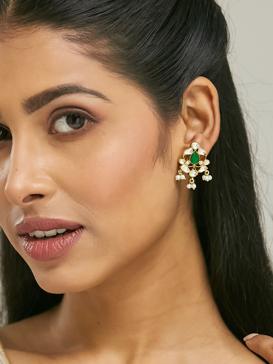 Nuyug 22K Gold-Plated Elegant Kundan & Green Stone Studded Pearl Drops Studs | Swadesiicart