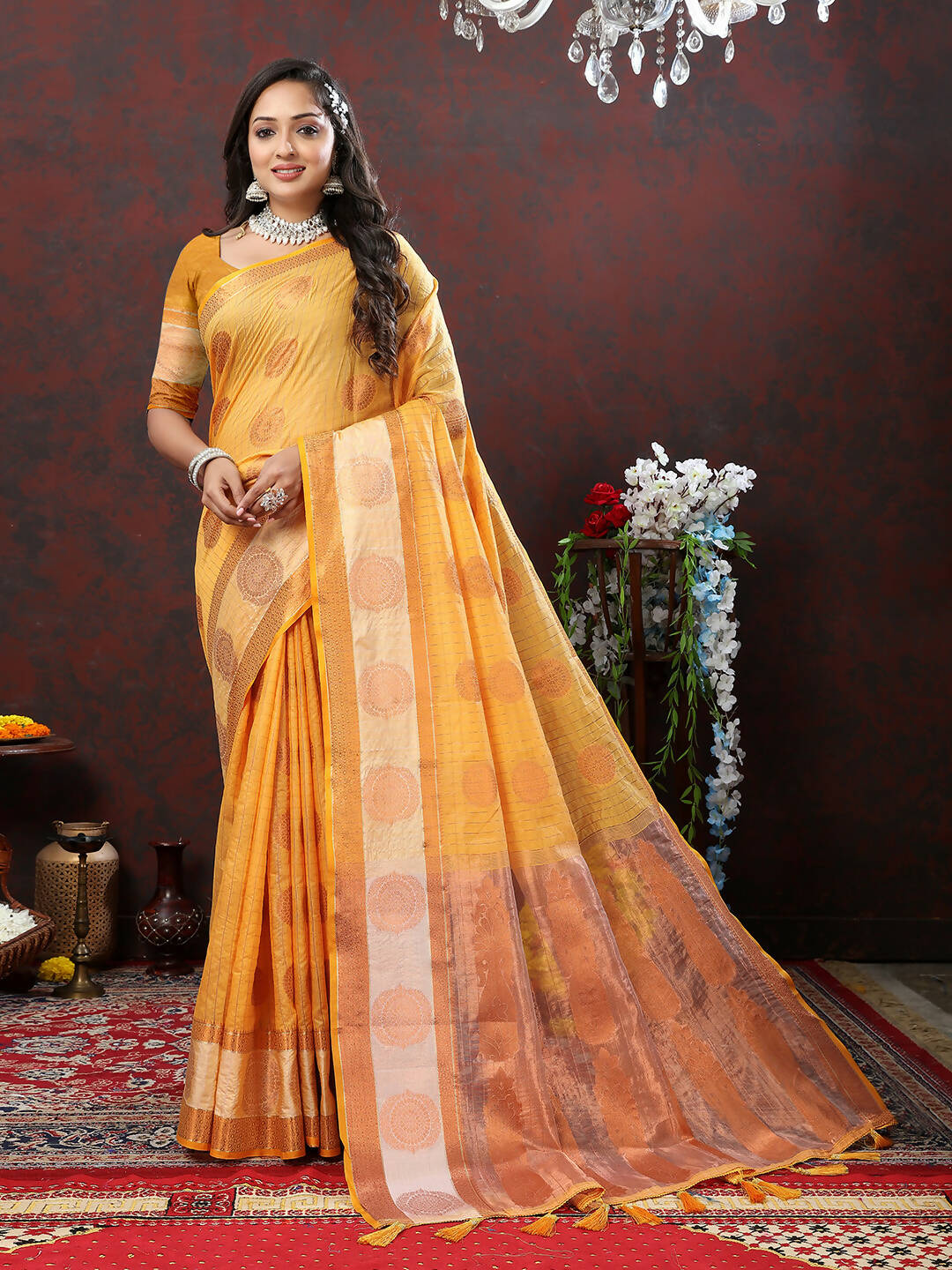 Lorenvalley Fashion Orange Cotton with Woven Design Zari Weaving Saree - Swadesiicart