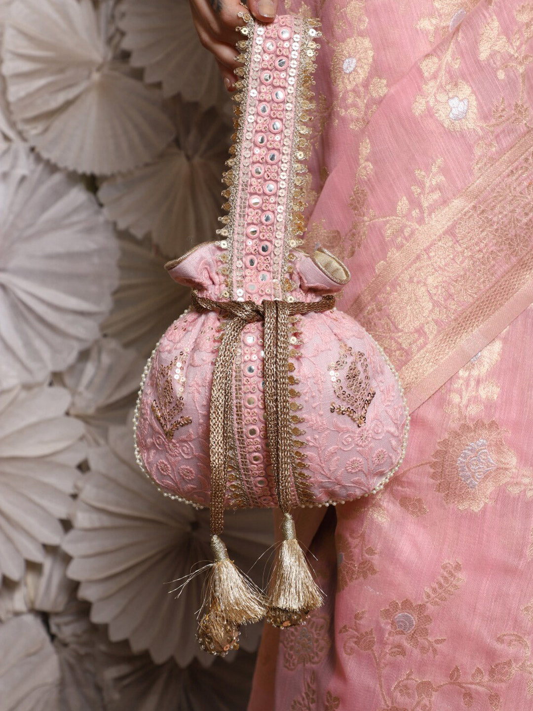 Masq Pink and Gold-Toned Embroidered Potli Clutch - Swadesiicart