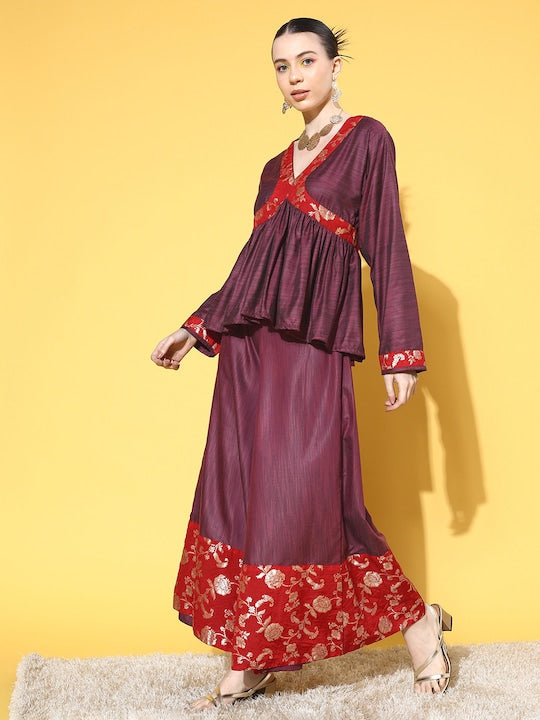 InWeave Women's Wine Red Brocade Mughal Shaan Kurta Palazzo Set - Swadesiicart