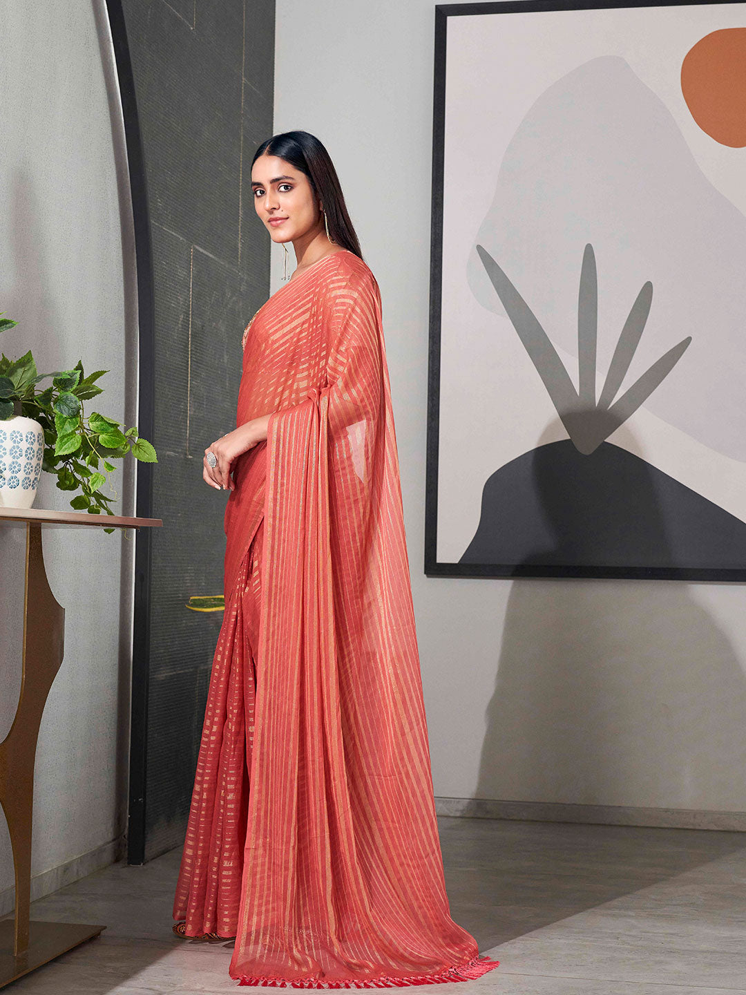 Tikhi Imli Striped Chiffon Ready to Wear Saree | Swadesiicart